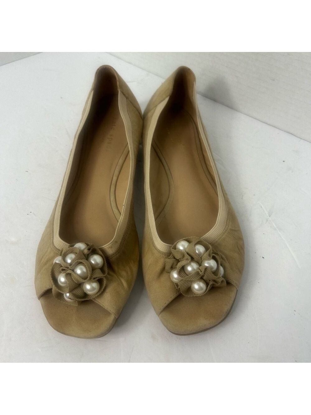 Kate Spade Elegant Open Toe Tan Beige Suede Flats with Pearl Embellishments 9.5M